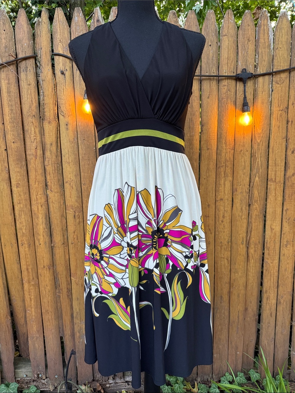 Evan Picone Black & White Midi Dress with Pink and Yellow Floral Skirt